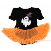 Halloween Black Baby Bodysuit Orange Pettiskirt & Sparkle Hat White Ghost Print JS4756